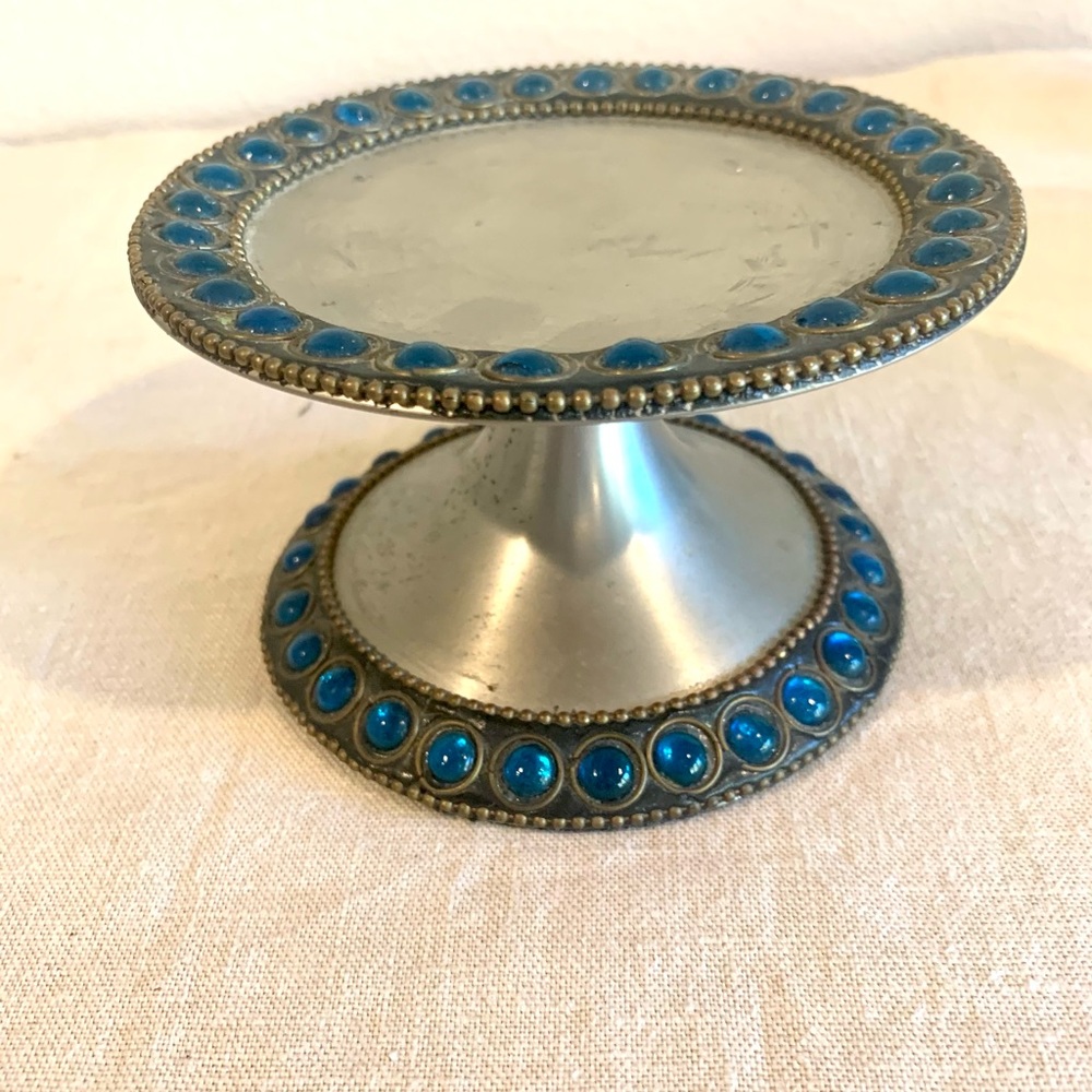 METAL BLUE GLASS CABOCHON CANDLE HOLDER